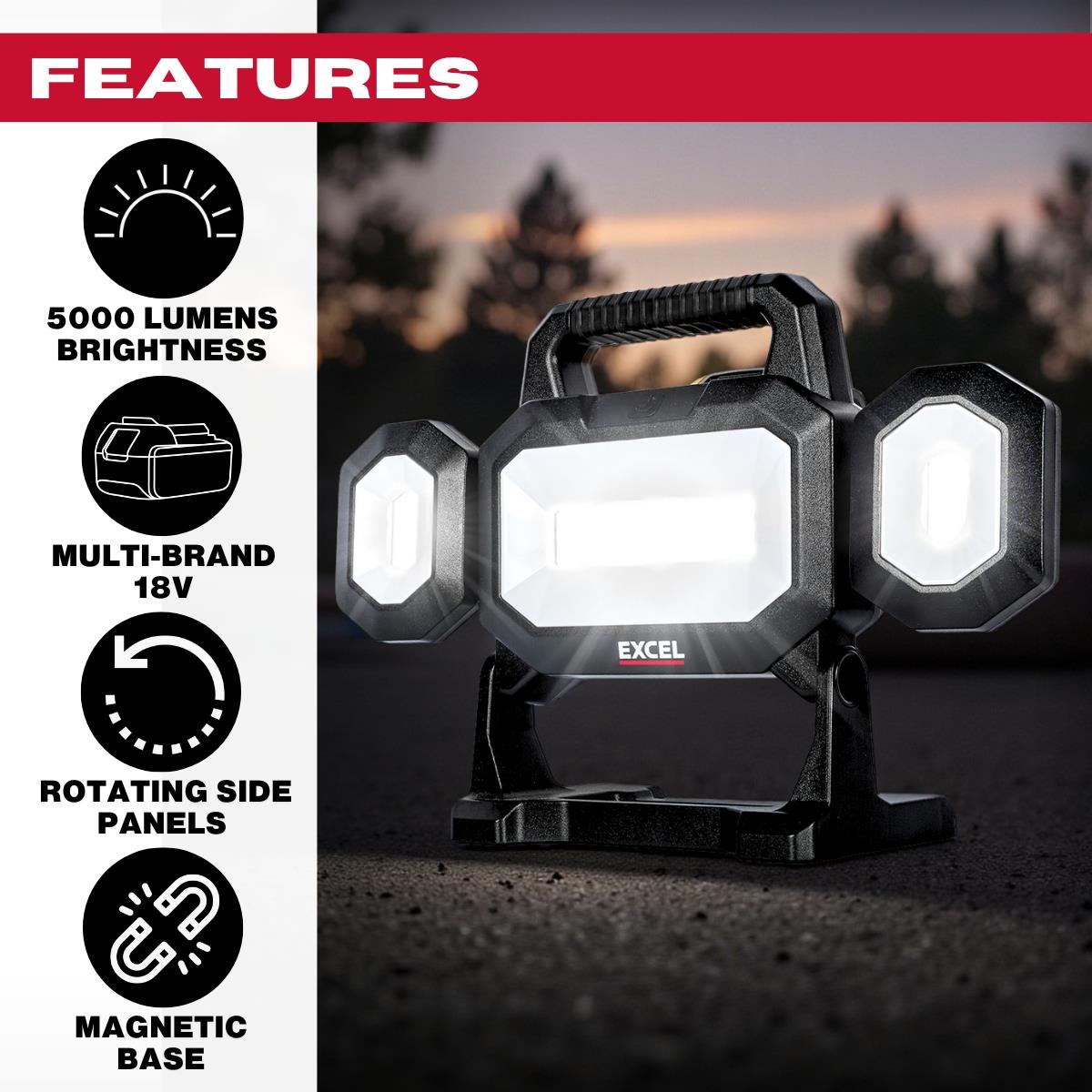 Excel 18V LED Work Light 5000 Lumens with Multi-Brand Battery Compatiblity
