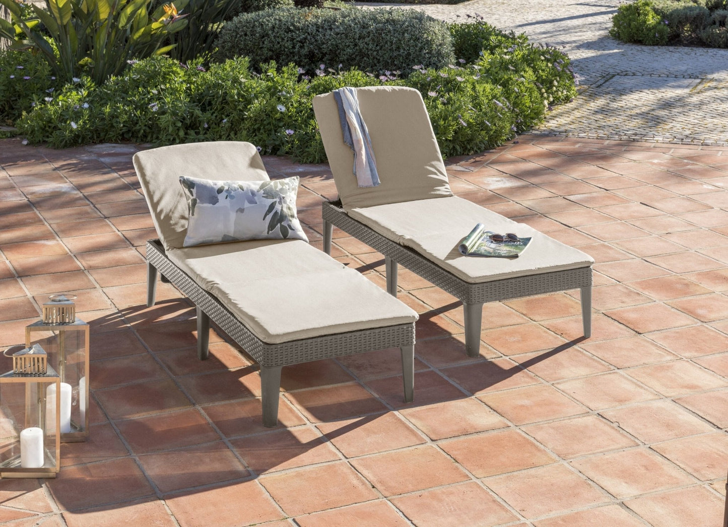 Keter Jaipur Outdoor Sun Lounger with Cushion - Cappuccino - 2 Pack